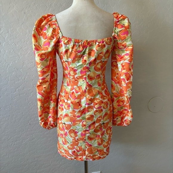 Cider Orange Floral Long Puff Sleeve Tie Front Mini Dress Resort Vacation Size S - Picture 3 of 12